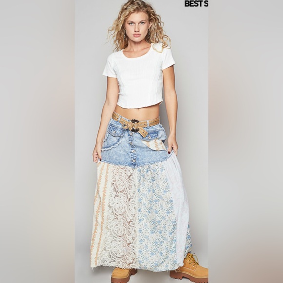 POL Patchwork Maxi Skirt in Light Blue, Cream, Tan - Picture 2 of 5